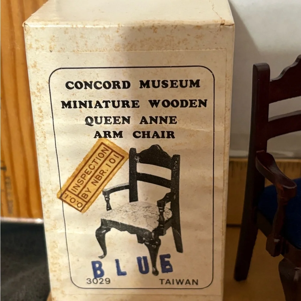 vintage Dollhouse Concord Museum Miniature Wooden Queen Anne Arm‎ Chair blue